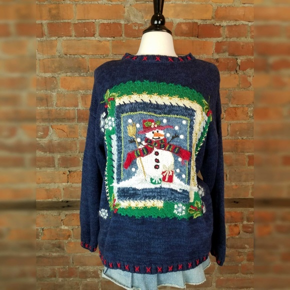 VTG Christmas Women's Sweater Tunic Length Navy - Picture 1 of 6